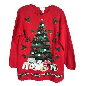 VTG Y2K Laura Tyler Medium Christmas Tree Sweater Embroidered Holiday Novelty